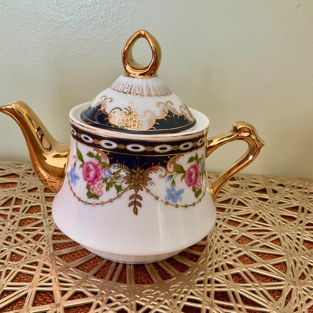 Sorelle Vintage Porcelain Miniature Teapot Navy Blue Gold Floral‎ Hand Crafted
